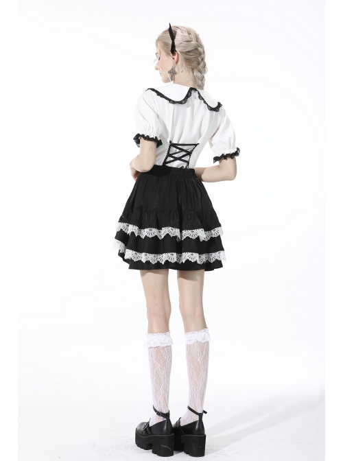 Lolita Black Gothic Lace Irregular Elastic Band White Bow Contrast Rayon Mini Skirt