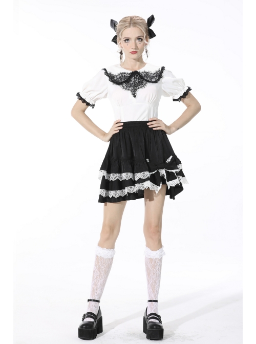 Lolita Black Gothic Lace Irregular Elastic Band White Bow Contrast Rayon Mini Skirt