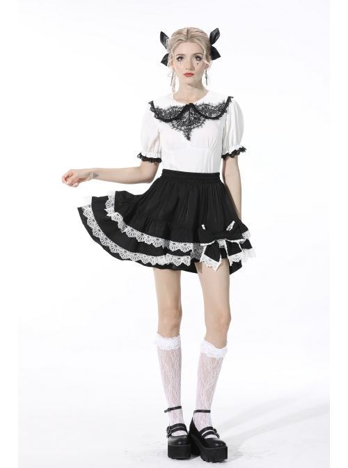 Lolita Black Gothic Lace Irregular Elastic Band White Bow Contrast Rayon Mini Skirt