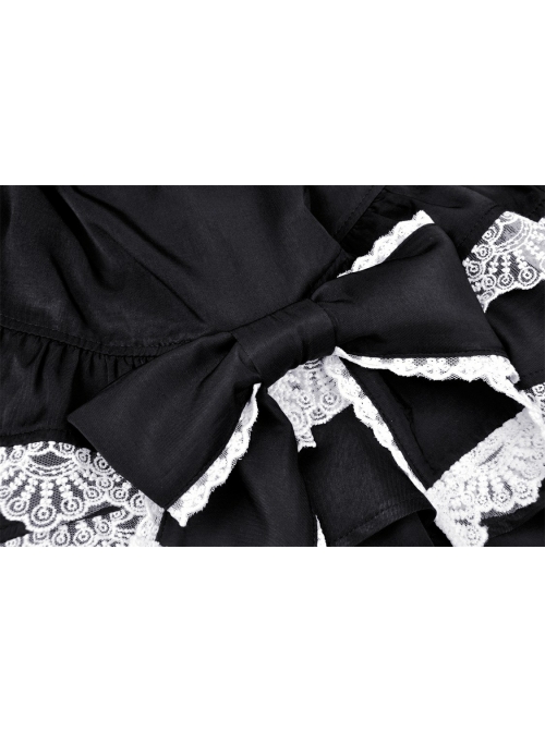Lolita Black Gothic Lace Irregular Elastic Band White Bow Contrast Rayon Mini Skirt