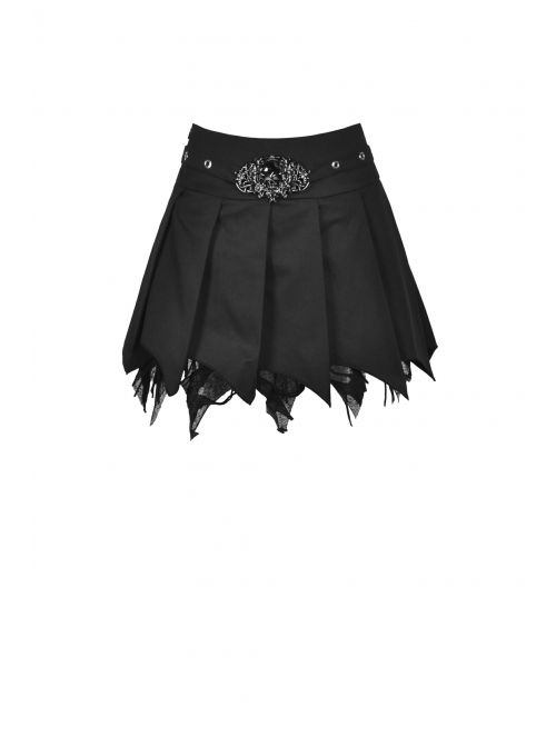 Punk Black Mesh Irregular Multilayer Skull Tattered Pleated Cotton Mini Skirt