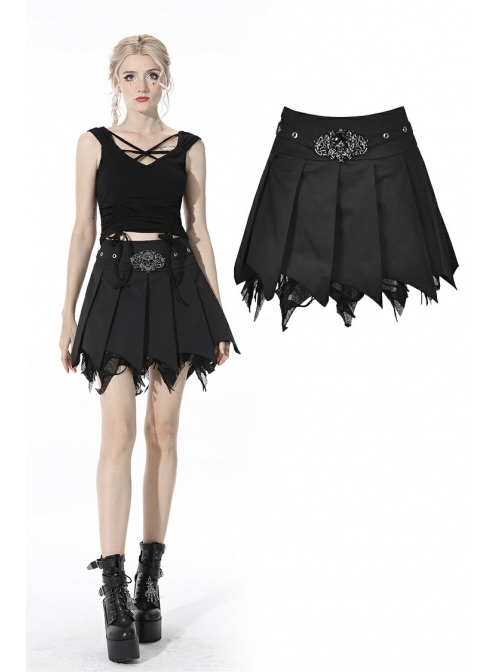 Punk Black Mesh Irregular Multilayer Skull Tattered Pleated Cotton Mini Skirt