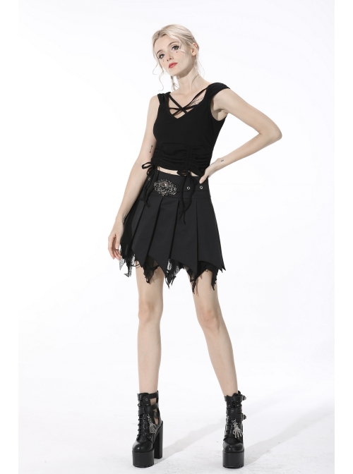 Punk Black Mesh Irregular Multilayer Skull Tattered Pleated Cotton Mini Skirt