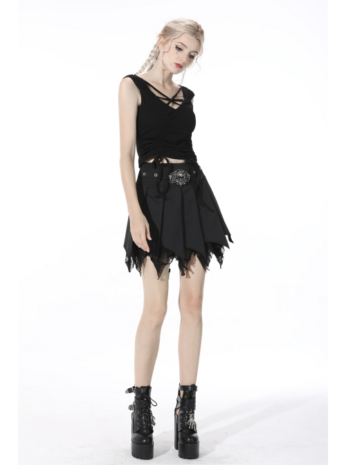 Punk Black Mesh Irregular Multilayer Skull Tattered Pleated Cotton Mini Skirt