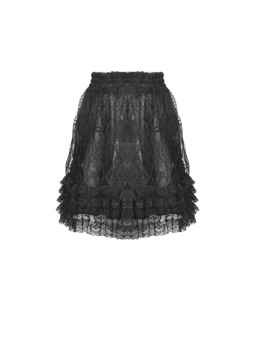 Black Lolita Pattern Slim Elastic Band Lace Layered Trim Polyester Mini Skirt