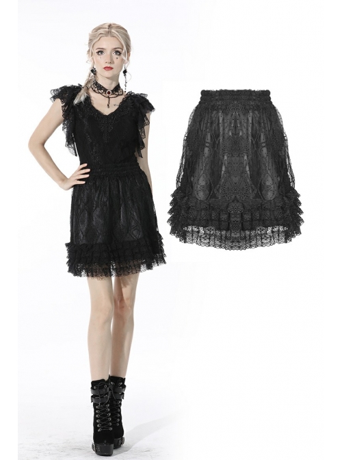Black Lolita Pattern Slim Elastic Band Lace Layered Trim Polyester Mini Skirt