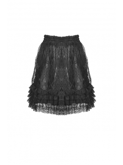 Black Lolita Pattern Slim Elastic Band Lace Layered Trim Polyester Mini Skirt