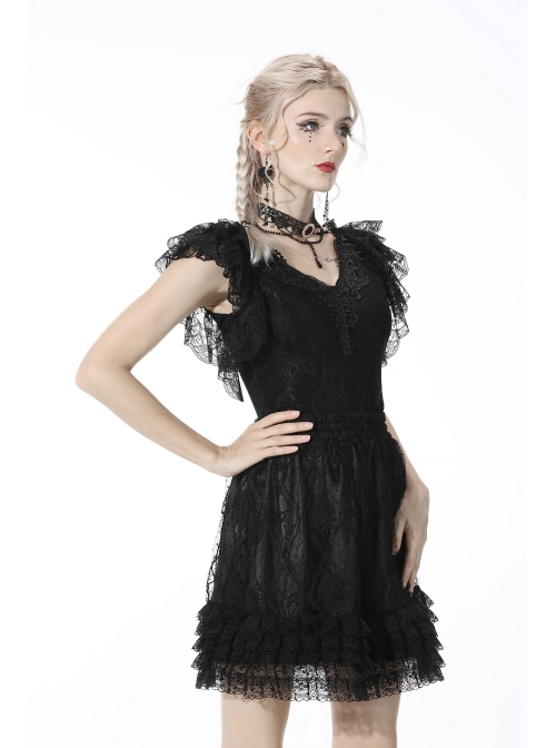 Black Lolita Pattern Slim Elastic Band Lace Layered Trim Polyester Mini Skirt