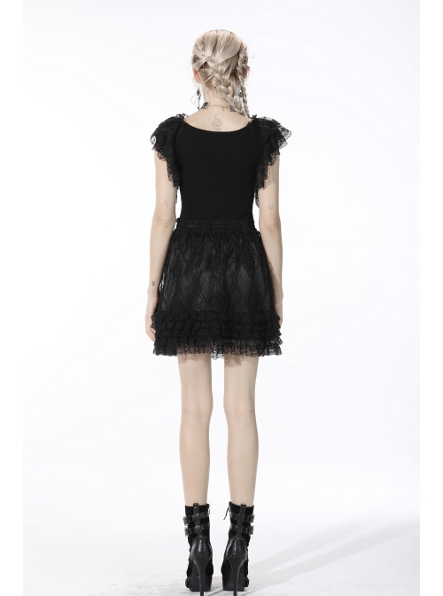 Black Lolita Pattern Slim Elastic Band Lace Layered Trim Polyester Mini Skirt