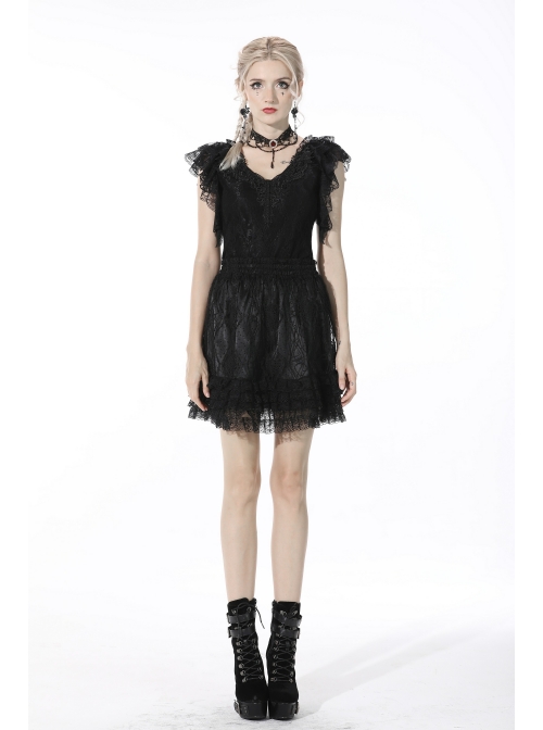 Black Lolita Pattern Slim Elastic Band Lace Layered Trim Polyester Mini Skirt