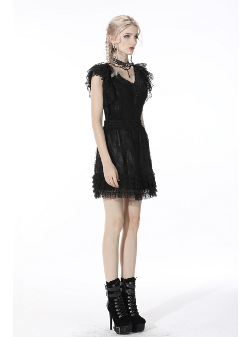 Black Lolita Pattern Slim Elastic Band Lace Layered Trim Polyester Mini Skirt
