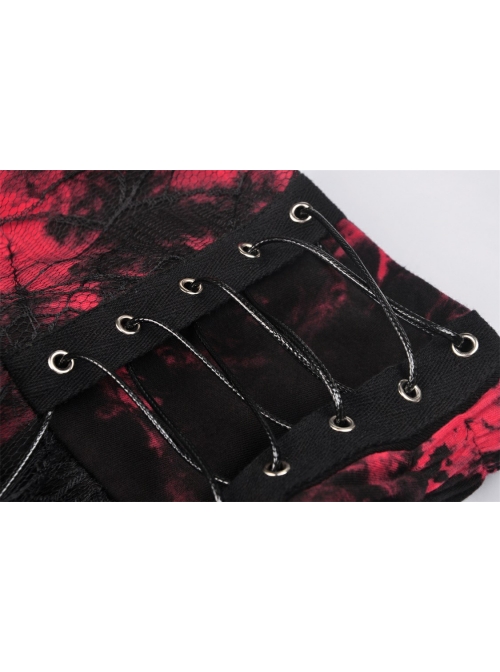 Punk Black Red Pattern Irregular Lace Lace Tie-Dyed Covered Mesh Cotton Mini Skirt