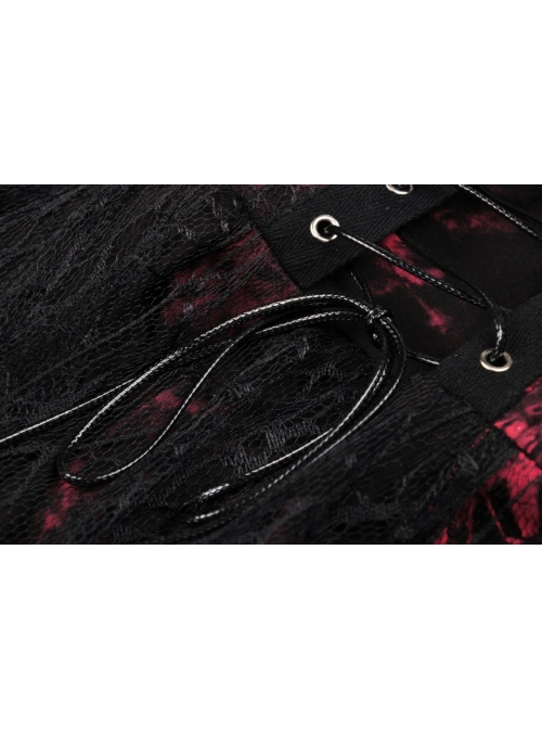 Punk Black Red Pattern Irregular Lace Lace Tie-Dyed Covered Mesh Cotton Mini Skirt