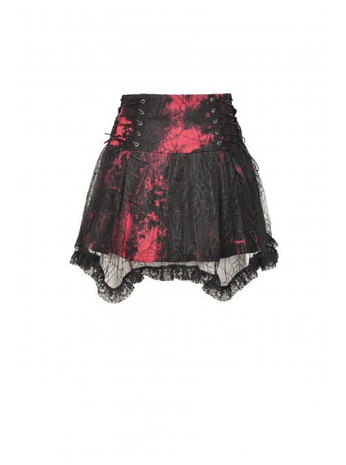 Punk Black Red Pattern Irregular Lace Lace Tie-Dyed Covered Mesh Cotton Mini Skirt