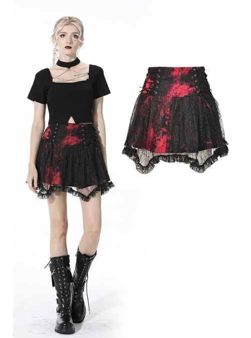 Punk Black Red Pattern Irregular Lace Lace Tie-Dyed Covered Mesh Cotton Mini Skirt