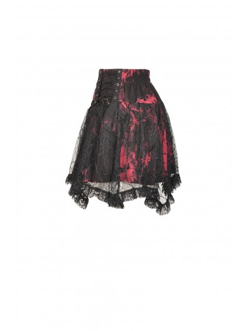 Punk Black Red Pattern Irregular Lace Lace Tie-Dyed Covered Mesh Cotton Mini Skirt