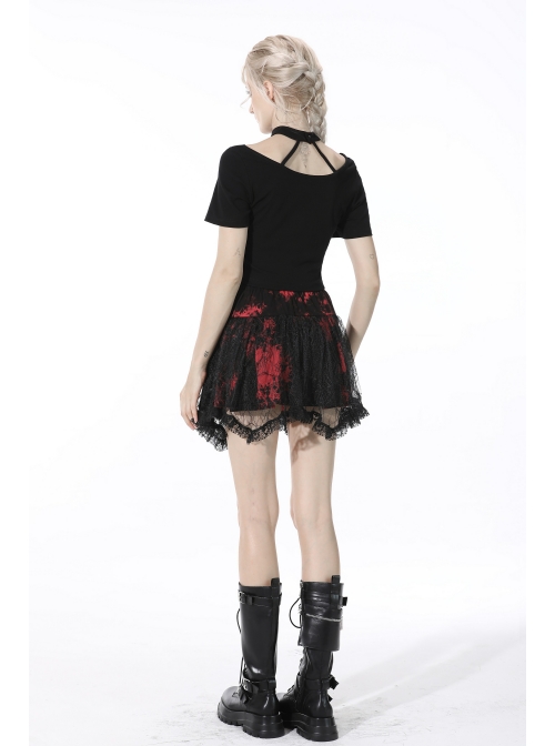 Punk Black Red Pattern Irregular Lace Lace Tie-Dyed Covered Mesh Cotton Mini Skirt