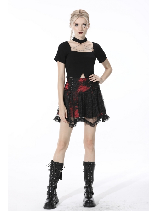Punk Black Red Pattern Irregular Lace Lace Tie-Dyed Covered Mesh Cotton Mini Skirt