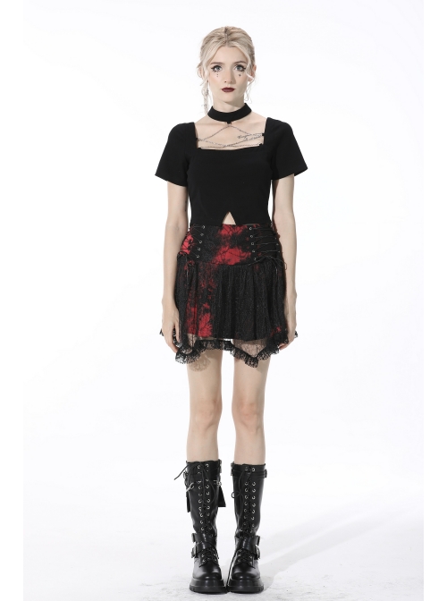 Punk Black Red Pattern Irregular Lace Lace Tie-Dyed Covered Mesh Cotton Mini Skirt