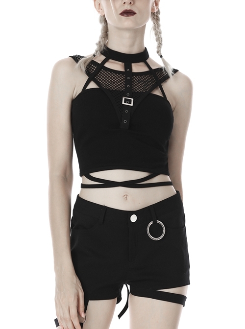 Black Hollow Cross Skinny Irregular Punk Net Splicing Midriff-Baring Cotton Top T-Shirt