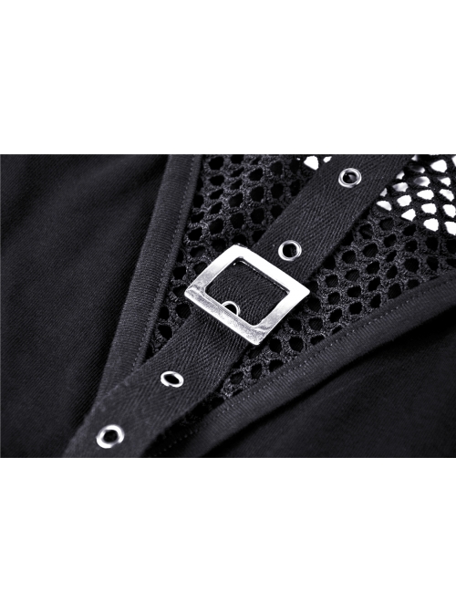 Black Hollow Cross Skinny Irregular Punk Net Splicing Midriff-Baring Cotton Top T-Shirt