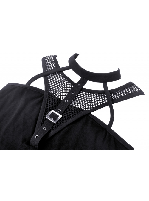 Black Hollow Cross Skinny Irregular Punk Net Splicing Midriff-Baring Cotton Top T-Shirt