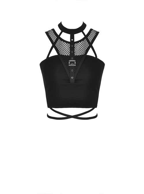 Black Hollow Cross Skinny Irregular Punk Net Splicing Midriff-Baring Cotton Top T-Shirt