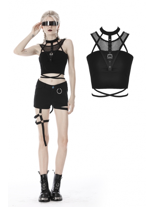Black Hollow Cross Skinny Irregular Punk Net Splicing Midriff-Baring Cotton Top T-Shirt