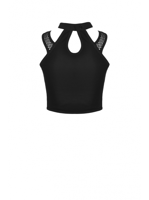 Black Hollow Cross Skinny Irregular Punk Net Splicing Midriff-Baring Cotton Top T-Shirt