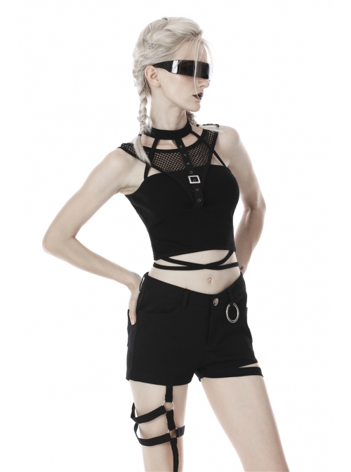 Black Hollow Cross Skinny Irregular Punk Net Splicing Midriff-Baring Cotton Top T-Shirt