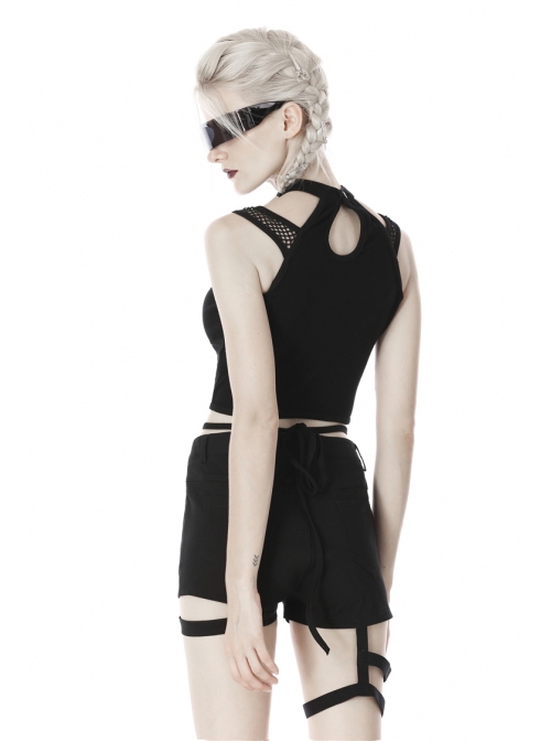 Black Hollow Cross Skinny Irregular Punk Net Splicing Midriff-Baring Cotton Top T-Shirt