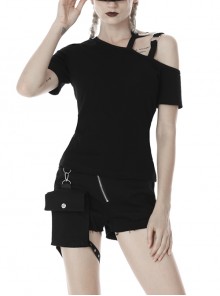 Punk Black Slim Fit Asymmetrical Design Sexy Shoulder Cotton T-Shirt