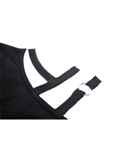 Punk Black Slim Fit Asymmetrical Design Sexy Shoulder Cotton T-Shirt