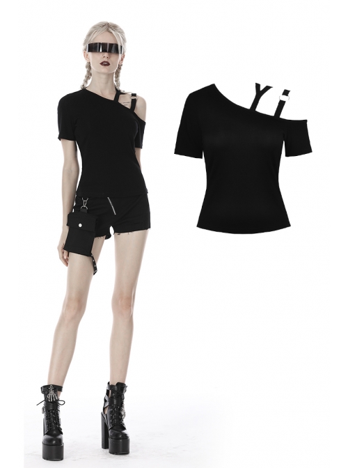 Punk Black Slim Fit Asymmetrical Design Sexy Shoulder Cotton T-Shirt