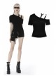 Punk Black Slim Fit Asymmetrical Design Sexy Shoulder Cotton T-Shirt
