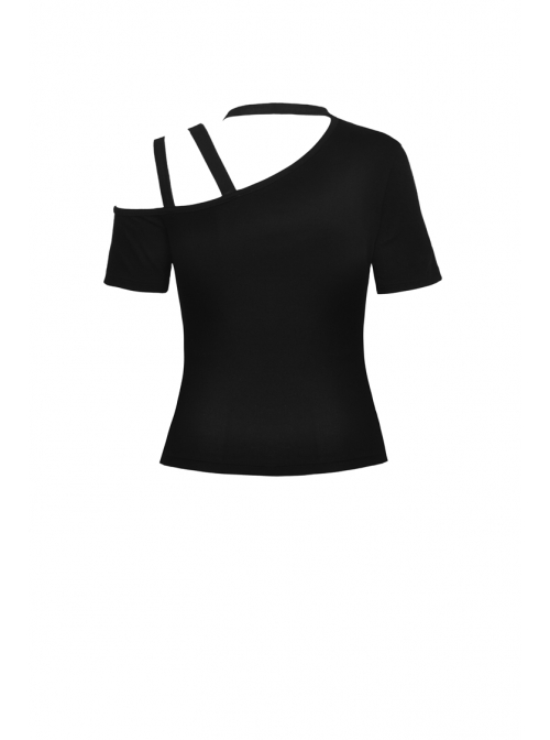 Punk Black Slim Fit Asymmetrical Design Sexy Shoulder Cotton T-Shirt
