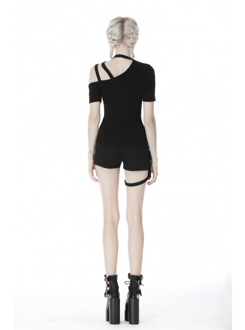 Punk Black Slim Fit Asymmetrical Design Sexy Shoulder Cotton T-Shirt