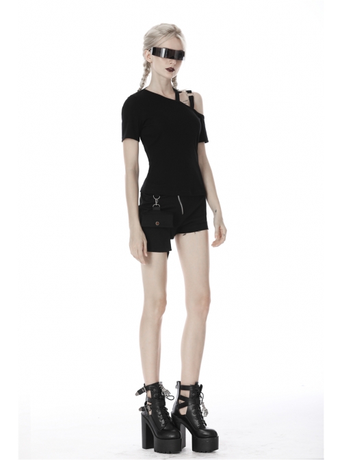 Punk Black Slim Fit Asymmetrical Design Sexy Shoulder Cotton T-Shirt