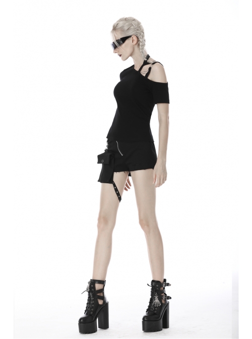 Punk Black Slim Fit Asymmetrical Design Sexy Shoulder Cotton T-Shirt