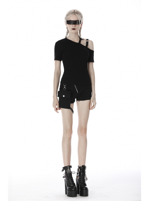 Punk Black Slim Fit Asymmetrical Design Sexy Shoulder Cotton T-Shirt