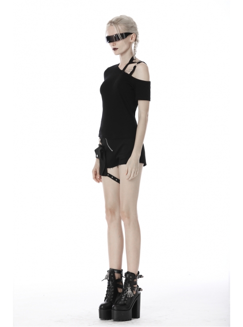 Punk Black Slim Fit Asymmetrical Design Sexy Shoulder Cotton T-Shirt