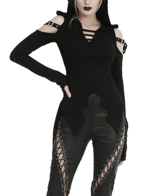 Punk Hollow Irregular Lace Sexy Slim Fit Black Haunted Bat Hem Cotton Hooded Top