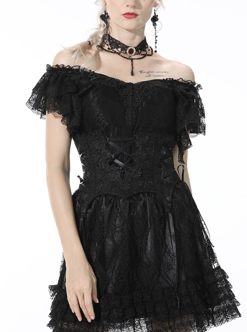 Black Gothic Pattern Elegant Slim Irregular Sexy Lace Ruffle Rayon Short Sleeves Top