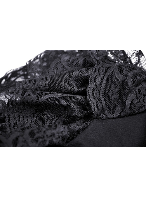 Black Gothic Pattern Elegant Slim Irregular Sexy Lace Ruffle Rayon Short Sleeves Top
