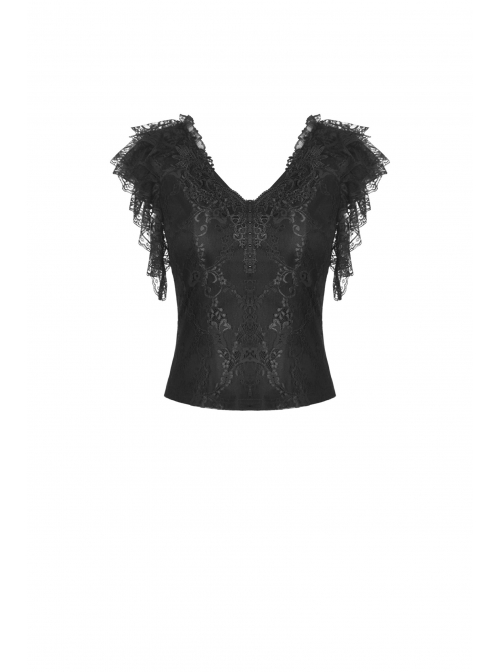 Black Gothic Pattern Elegant Slim Irregular Sexy Lace Ruffle Rayon Short Sleeves Top