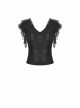 Black Gothic Pattern Elegant Slim Irregular Sexy Lace Ruffle Rayon Short Sleeves Top