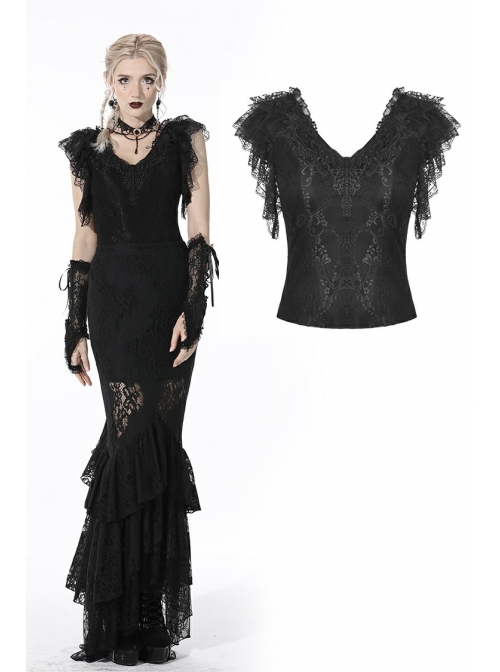 Black Gothic Pattern Elegant Slim Irregular Sexy Lace Ruffle Rayon Short Sleeves Top