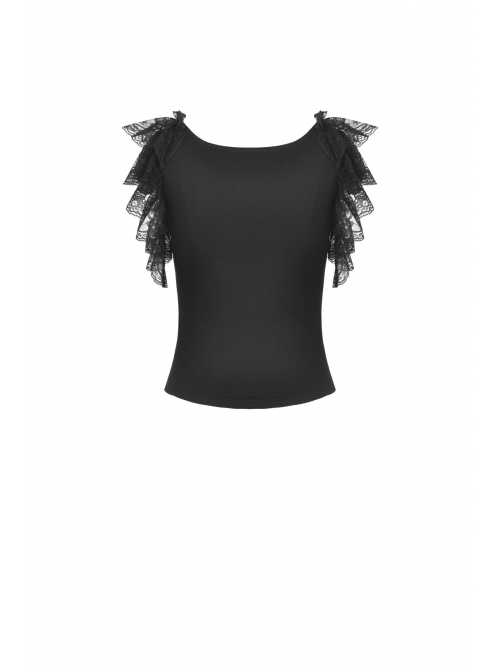 Black Gothic Pattern Elegant Slim Irregular Sexy Lace Ruffle Rayon Short Sleeves Top