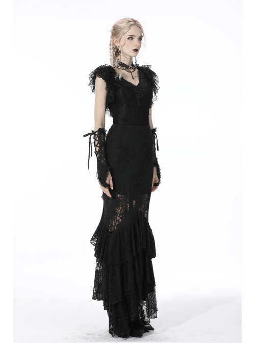 Black Gothic Pattern Elegant Slim Irregular Sexy Lace Ruffle Rayon Short Sleeves Top