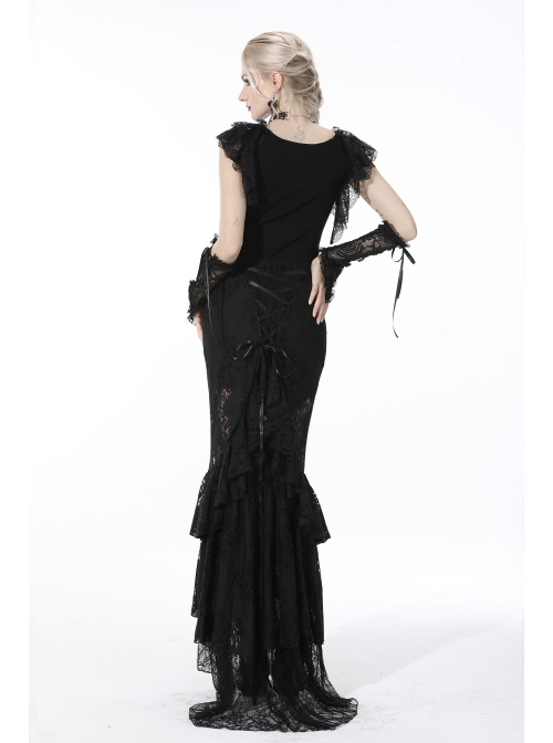 Black Gothic Pattern Elegant Slim Irregular Sexy Lace Ruffle Rayon Short Sleeves Top